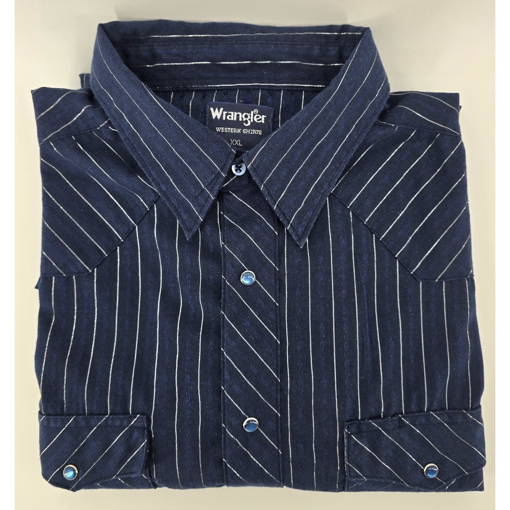 Vtg Wrangler Western Shirt Men's 2XL Navy Metallic Silver Stripe Pearl Snap Y2K